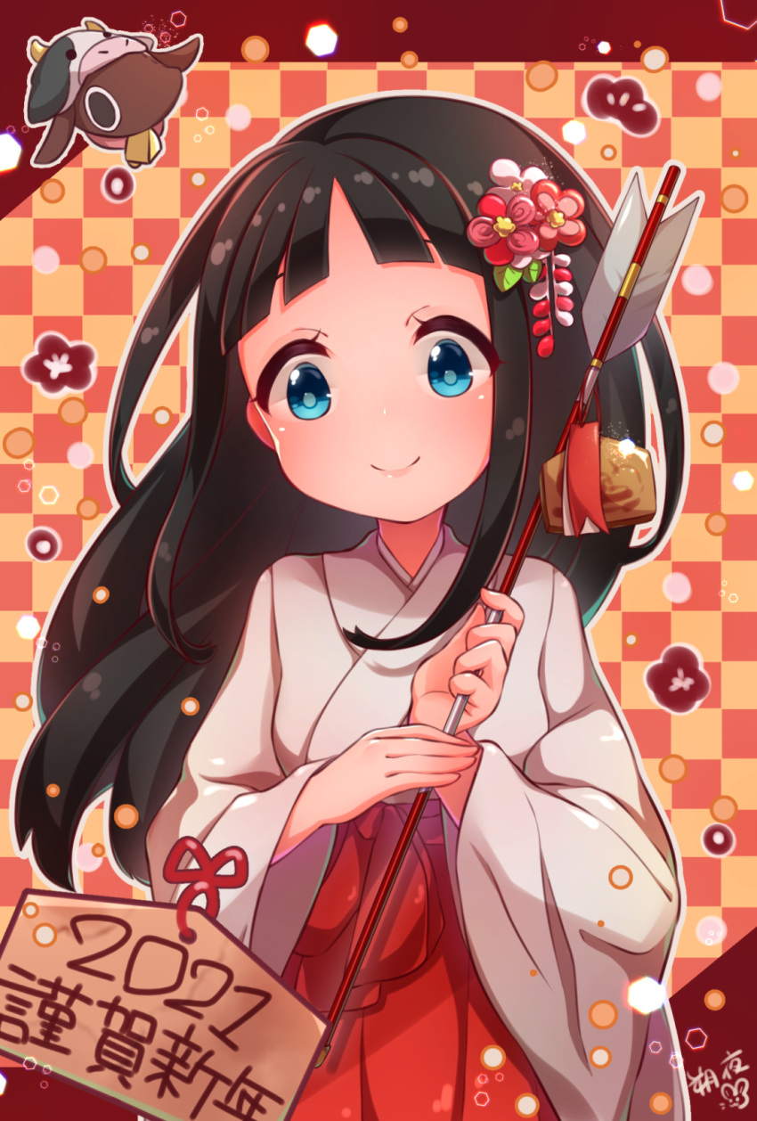 1girl, 2021, arrow_(projectile), black_hair, blue_eyes, chinese_zodiac, closed_mouth, ensemble_girls!