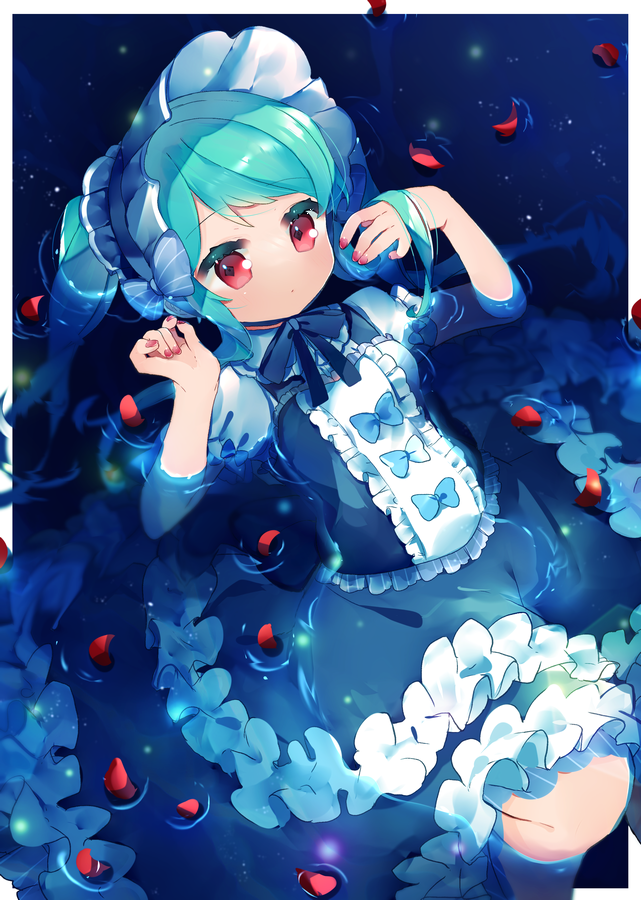 1girl, black_dress, blue_hair, bonnet, closed_mouth, dress, ensemble_girls!, expressionless