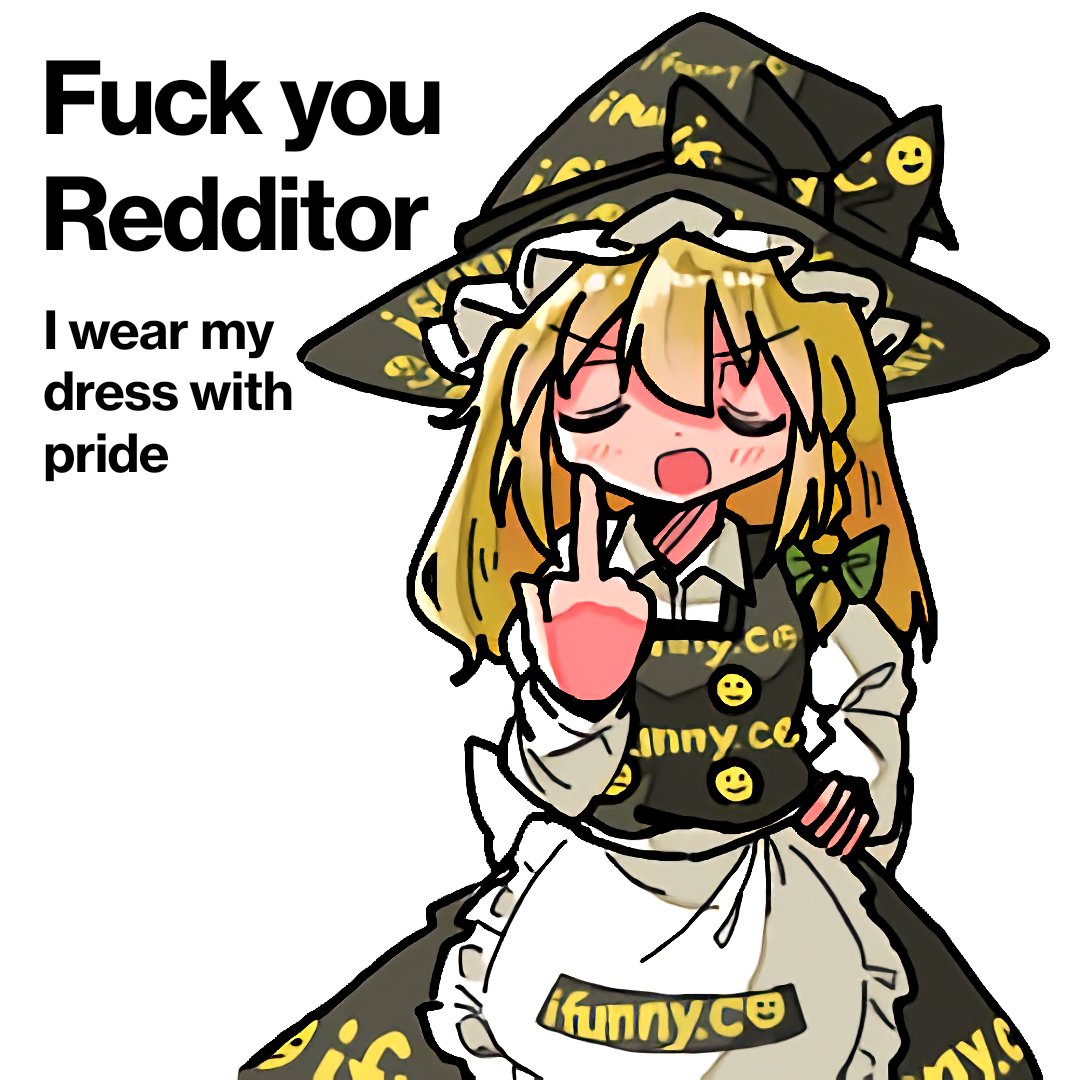 1girl, apron, black_headwear, black_skirt, black_vest, blonde_hair, bow, braid, closed_eyes, clothes_writing, green_bow, hand_on_hip, hat, hat_writing, ifunny, kasuya_baian, kirisame_marisa, long_hair, middle_finger, profanity, reddit, shirt, simple_background, single_braid, skirt, touhou, vest, waist_apron, white_apron, white_background, white_shirt, witch_hat