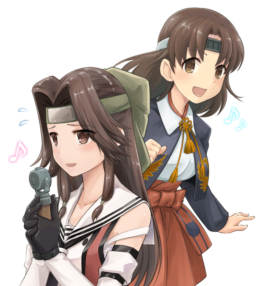 2girls, black_gloves, black_jacket, black_neckerchief, blush, brown_eyes, brown_hair, chiyoda_(kancolle)