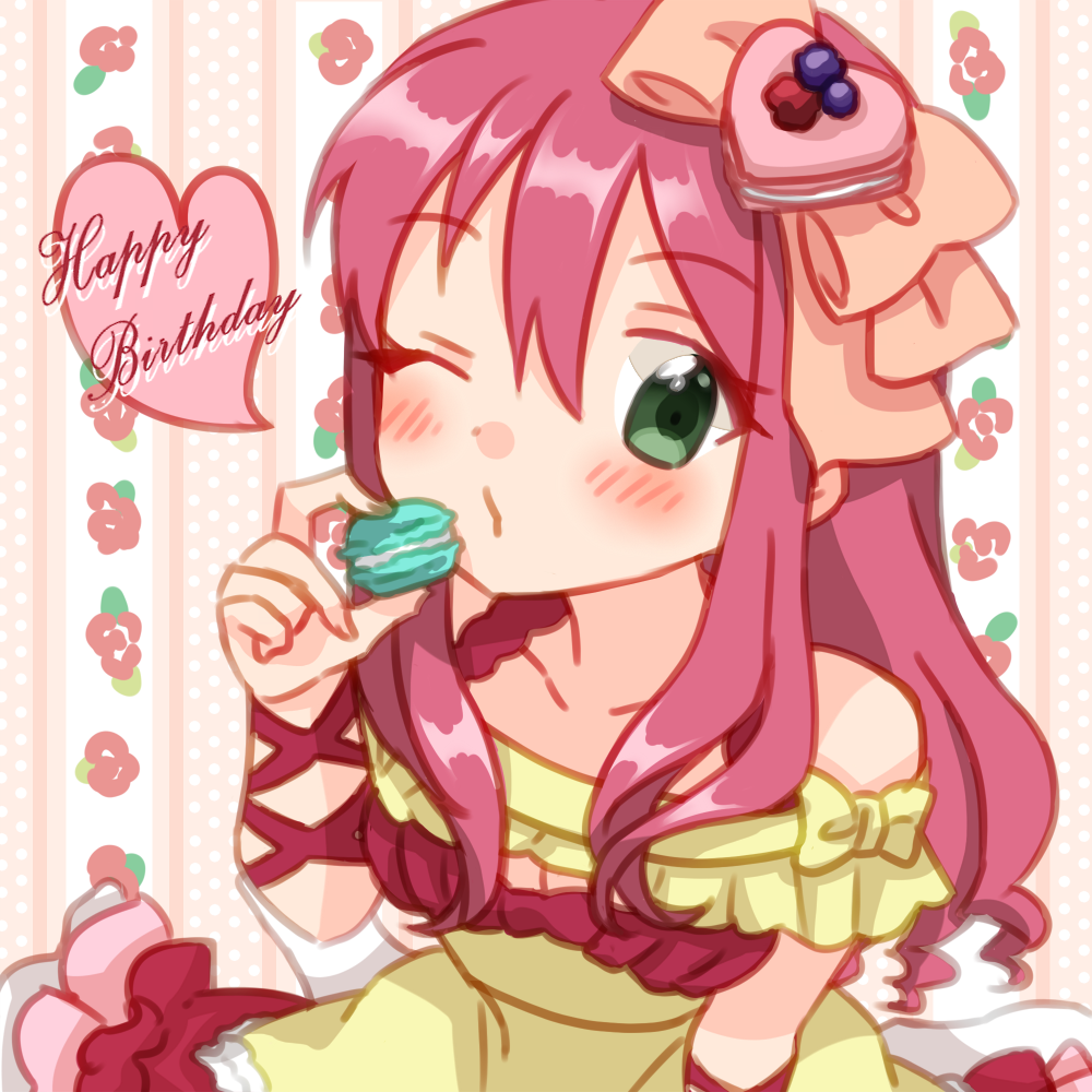 1girl, blush, closed_mouth, dress, ehon_chioka, ensemble_girls!, food, green_eyes