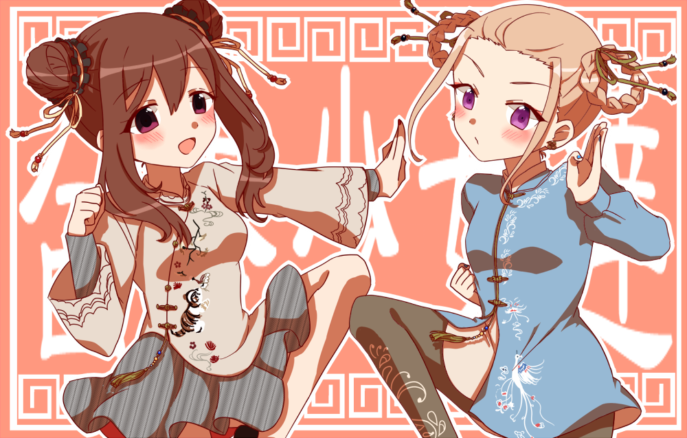 2girls, blonde_hair, blush, brown_hair, china_dress, chinese_clothes, closed_mouth, double_bun