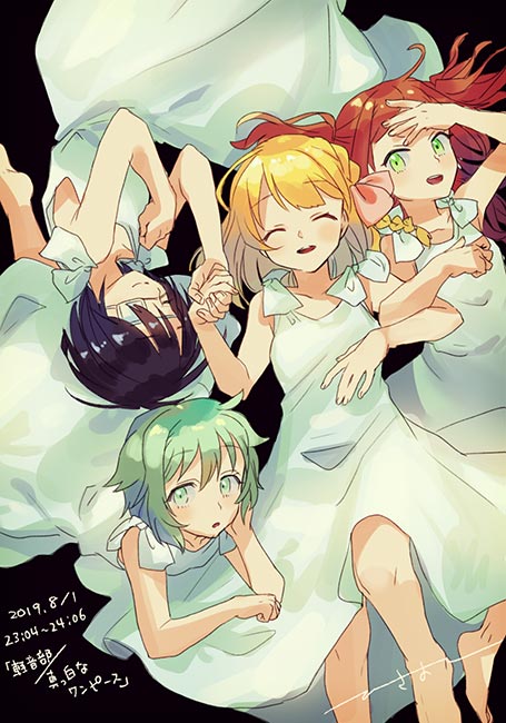 4girls, aqua_eyes, aqua_hair, black_background, blonde_hair, closed_eyes, dated, dress