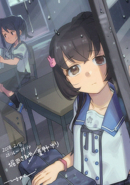 2girls, brown_eyes, brown_hair, closed_mouth, desk, ensemble_girls!, hair_ornament, hisayoshi_(hisa)