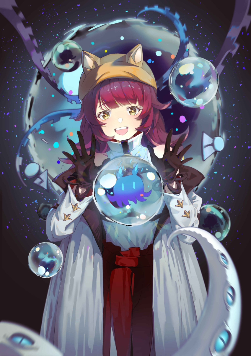 1girl, :d, absurdres, animal_ear_headwear, animal_hat, arknights, bangs, beanie