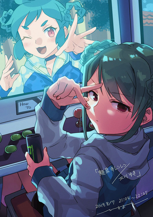 2019, 2girls, blush, braid, braided_bun, closed_mouth, dated, double_bun, ensemble_girls!, expressionless, green_hair, hair_bun, hair_rings, hisayoshi_(hisa), kitagawa_yuki, looking_at_viewer, looking_back, multiple_girls, one_eye_closed, open_mouth, pink_eyes, pink_nails, red_eyes, ryusenji_renren, short_bangs, smile, television, translation_request