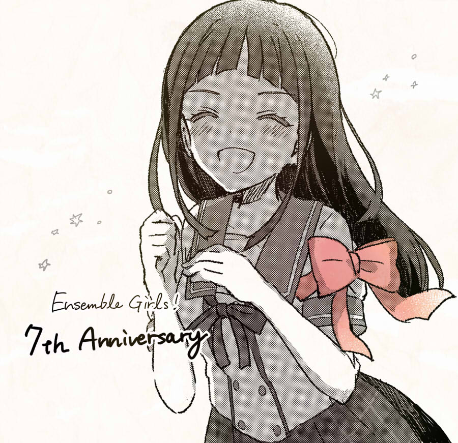 1girl, anniversary, aoi_(kirameitetegomen), blush, closed_eyes, copyright_name, ensemble_girls!, facing_viewer, greyscale, kimisaki_school_uniform, long_hair, monochrome, open_mouth, pink_ribbon, plaid, plaid_skirt, ribbon, school_uniform, short_sleeves, skirt, solo, star_(symbol), tsurumi_himari, white_background