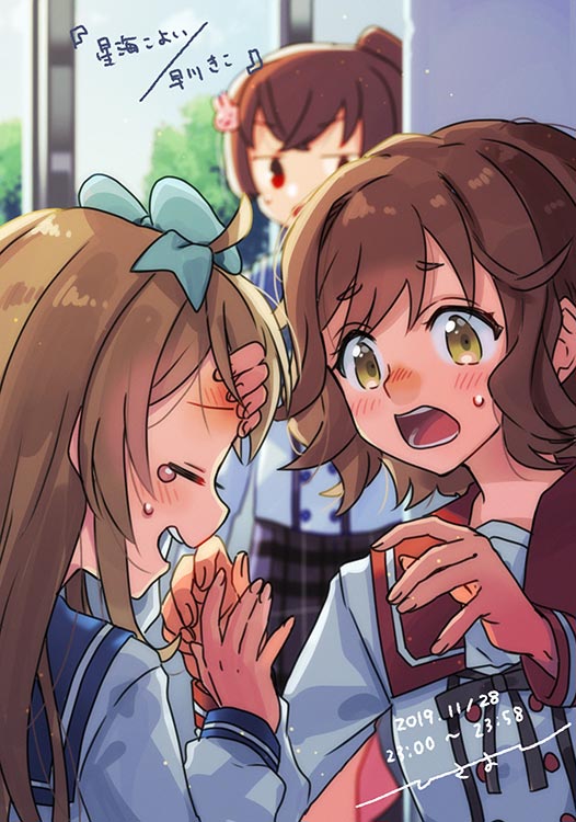 2019, 3girls, blue_bow, bow, brown_hair, closed_eyes, dated, ensemble_girls!