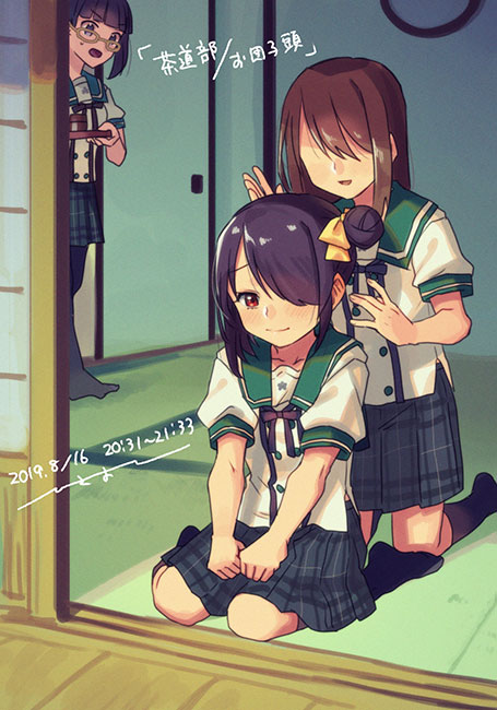 2019, 3girls, anzu_(ensemble_stars!), black_hair, brown_hair, character_request, dated, ensemble_girls!