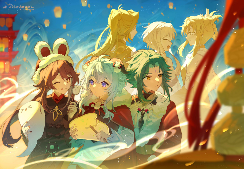 1boy, 5girls, :p, absurdres, animal_hat, blue_hair, boo_tao_(genshin_impact), breasts