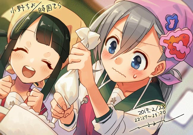 2019, 2girls, bandana, black_hair, blue_eyes, blush, cake, closed_mouth