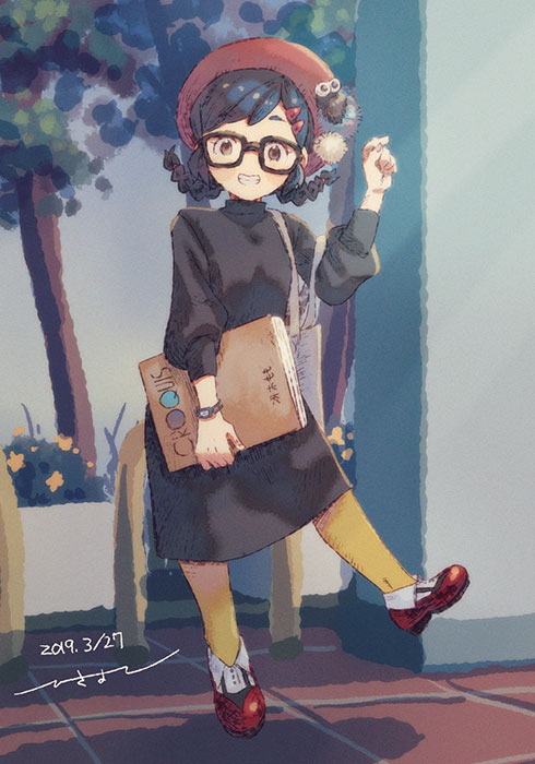 1girl, 2019, black_dress, blue_hair, braid, brown_eyes, dark_blue_hair, dated