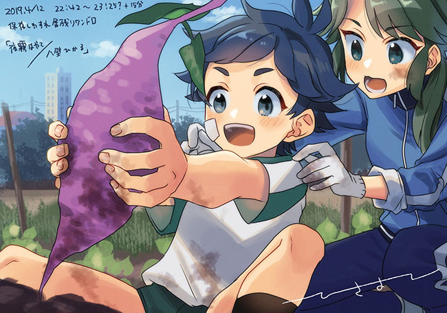 2019, 2girls, androgynous, blue_eyes, blue_jacket, blue_pants, dated, ensemble_girls!