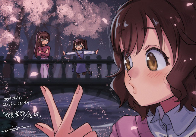 2019, 3girls, bangs, blush, bridge, brown_eyes, brown_hair, cherry_blossoms