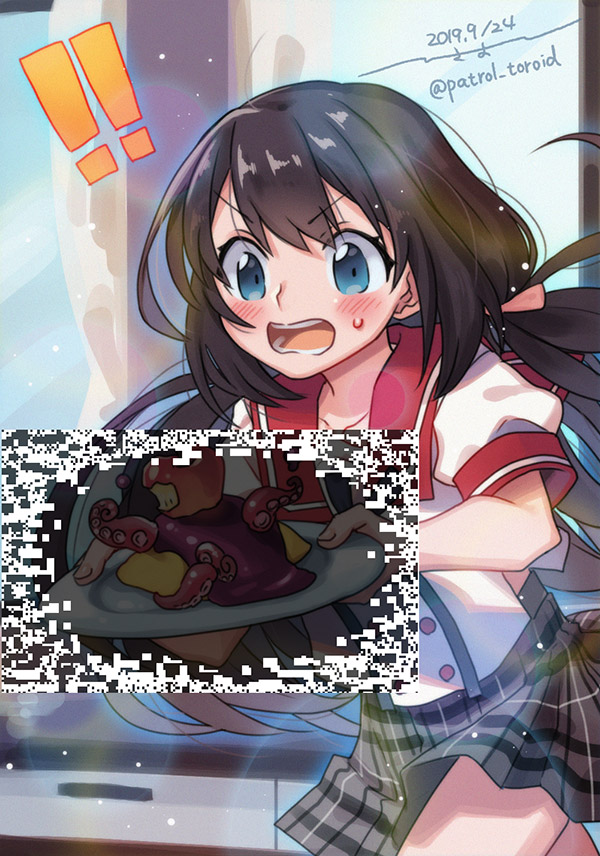 1girl, 2019, black_hair, blue_eyes, blue_sky, blush, burnt_food, dated