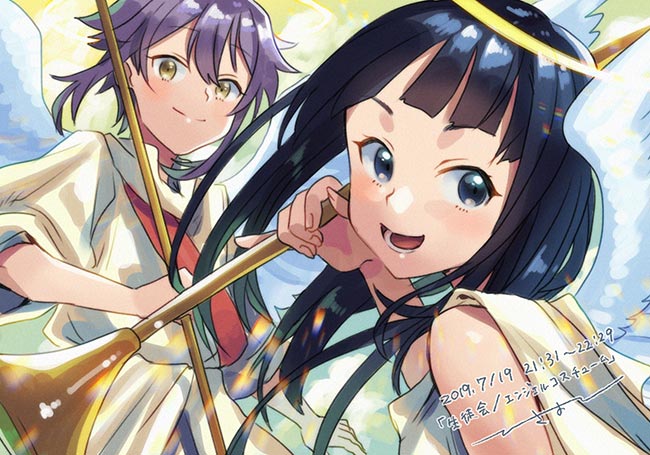 2girls, angel, angel_wings, black_hair, blue_eyes, blue_sky, closed_mouth, dress