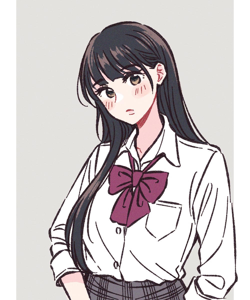 1girl, akamirai, arms_at_sides, bangs, black_hair, blush, bow, bowtie