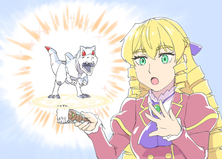 1girl, :o, akuyaku_reijou_tensei_ojisan, ascot, blue_ascot, breasts, creator_connection, crossover