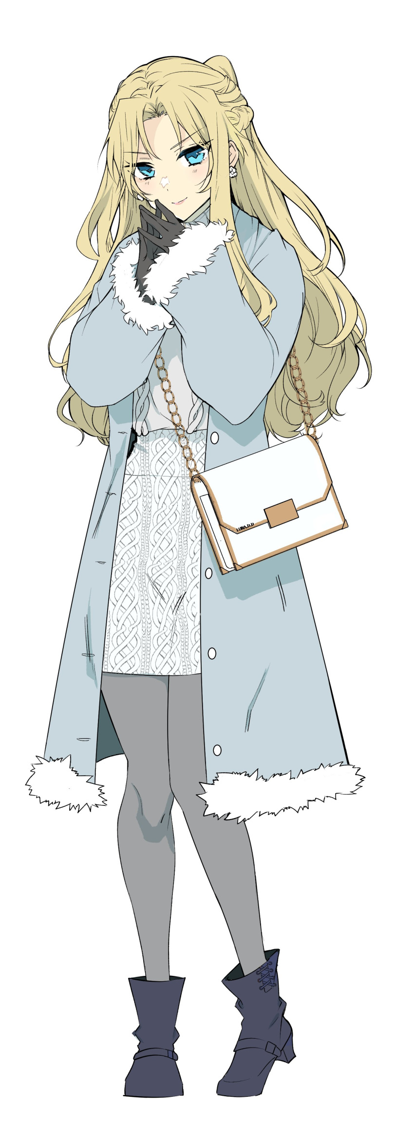 1girl, absurdres, alternate_costume, bag, bangs, black_footwear, black_gloves, blue_eyes