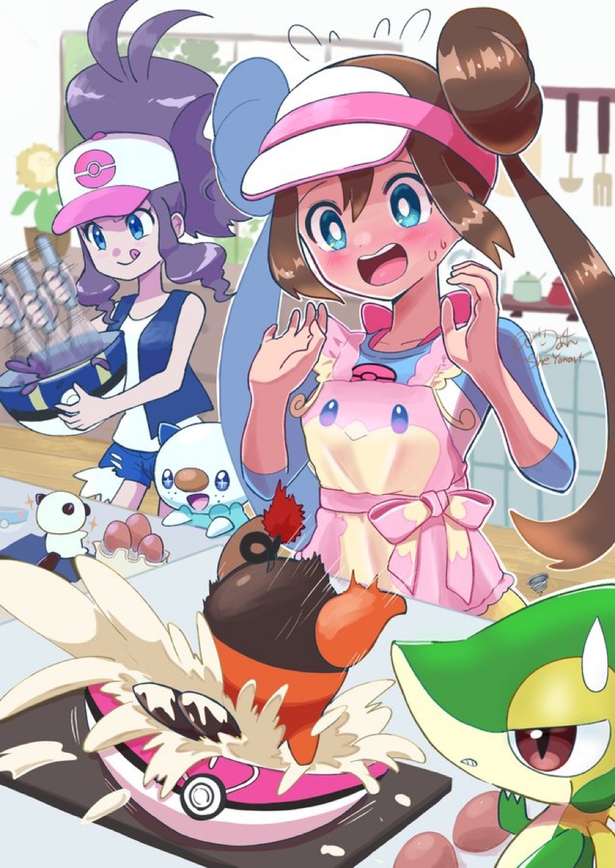 2girls, afterimage, apron, baseball_cap, black_vest, blue_eyes, brown_hair, cream