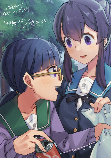 2019, 2girls, blush, coca-cola, dated, ensemble_girls!, glasses, hisayoshi_(hisa)