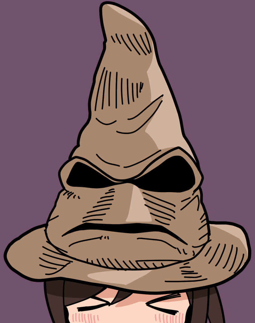 >_<, 1girl, blush, brown_hair, closed_eyes, harry_potter_(series), hat, highres
