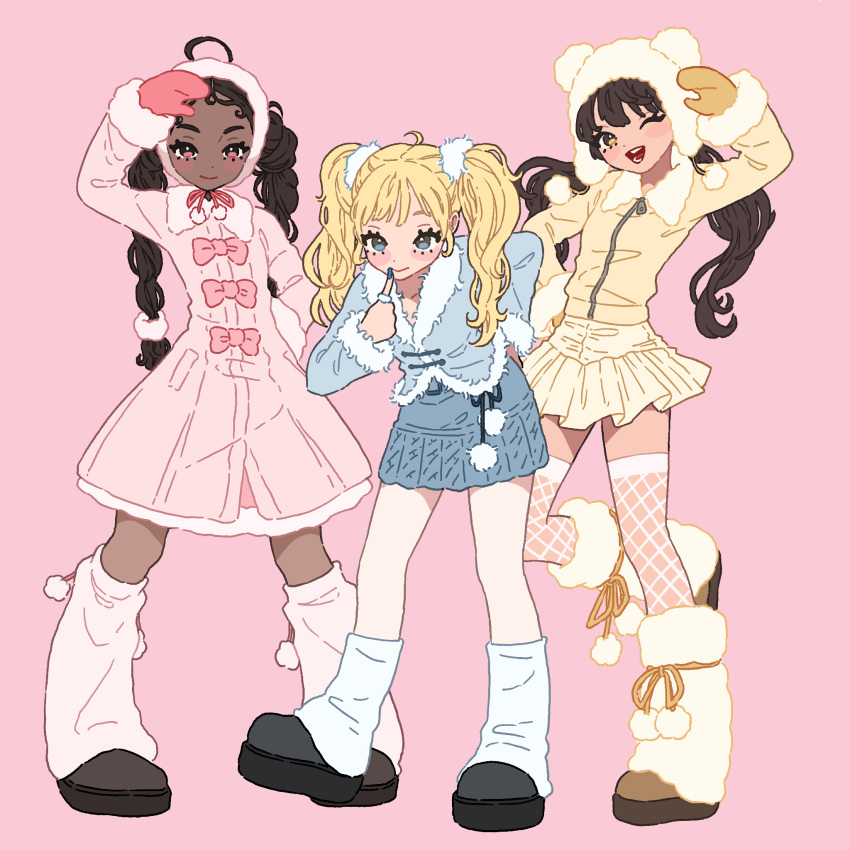 3girls, ;d, black_hair, blonde_hair, blue_eyes, blue_jacket, blue_nails, blue_skirt