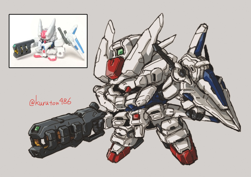 arm_shield, chibi, clenched_hand, full_body, grey_background, gun, gundam, gunpla