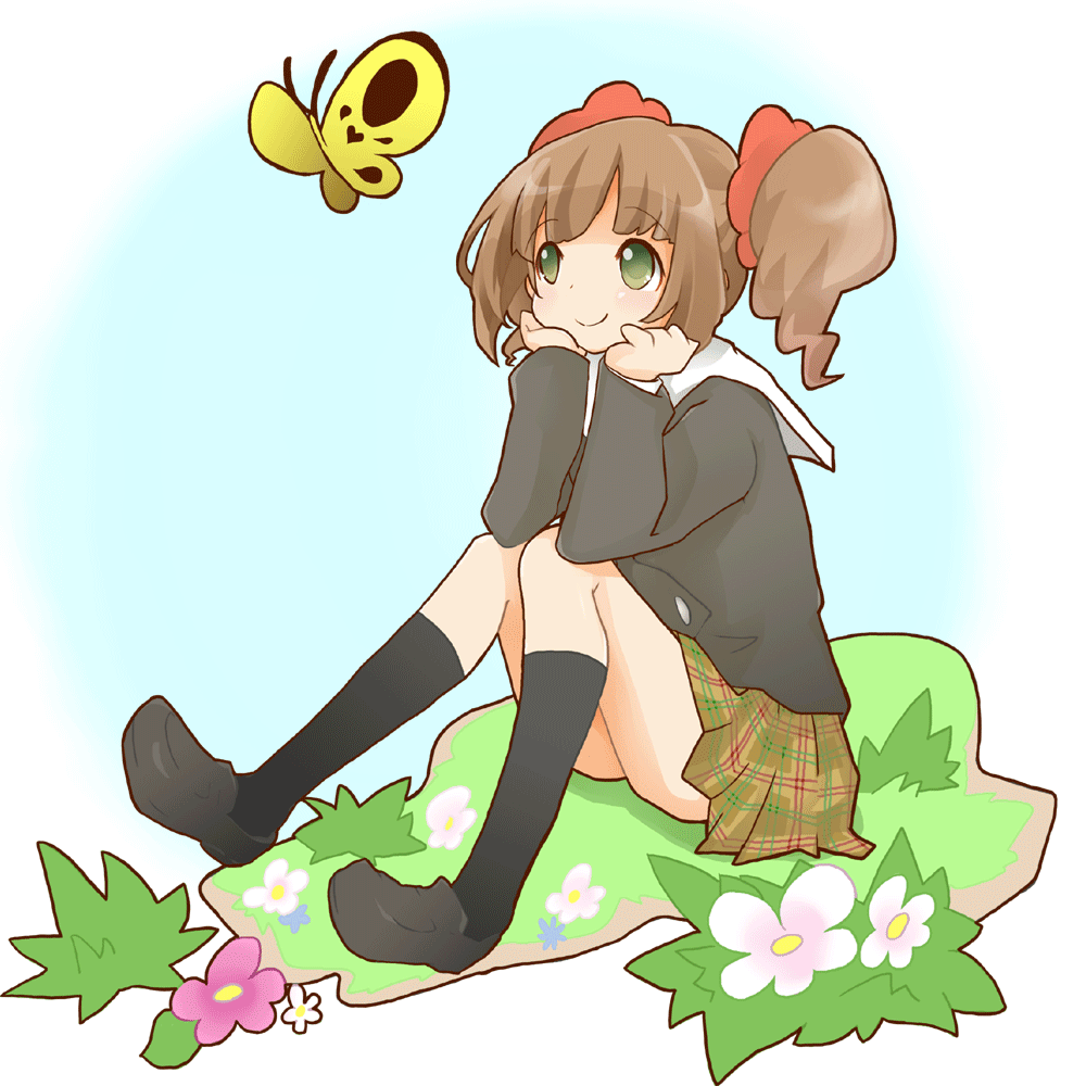 brown_hair, butterfly, chin_rest, flower, grass, green_eyes, idolmaster, short_hair