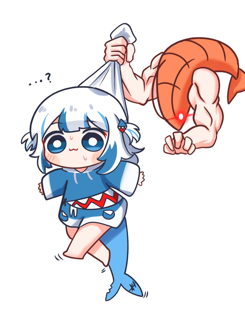 1girl, bangs, bare_arms, blue_eyes, blue_hair, blunt_bangs, ebi-chan_(gawr_gura), eiul