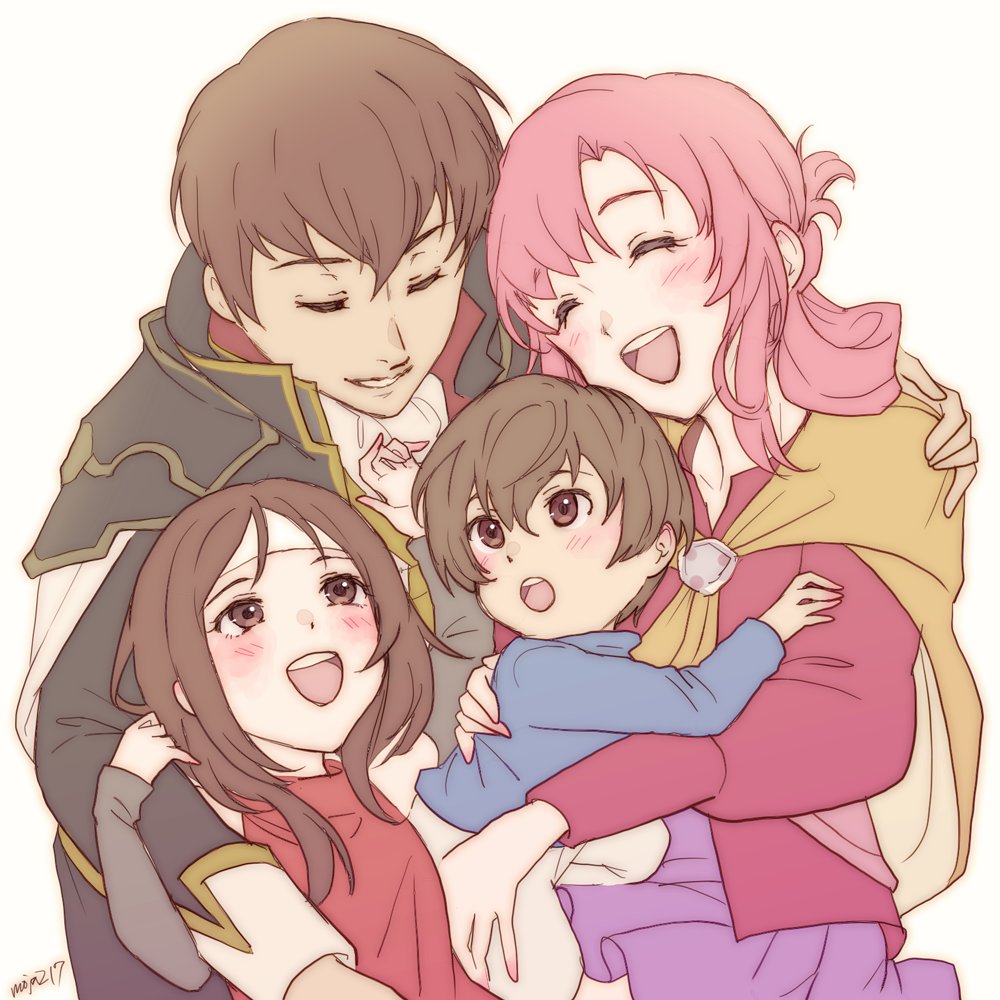 2boys, 2girls, ^_^, altena_(fire_emblem), bangs, black_jacket, blue_shirt, brown_hair
