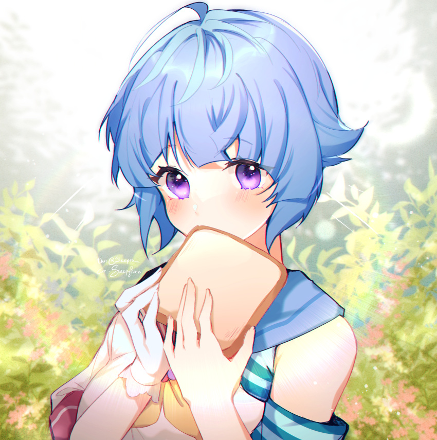 1girl, absurdres, artist_name, blue_hair, blush, bubble_(anime), day, eating, food, gloves, highres, looking_at_viewer, outdoors, short_hair, single_glove, sleep13_(hakisaji), solo, toast, upper_body, uta_(bubble), violet_eyes, white_gloves