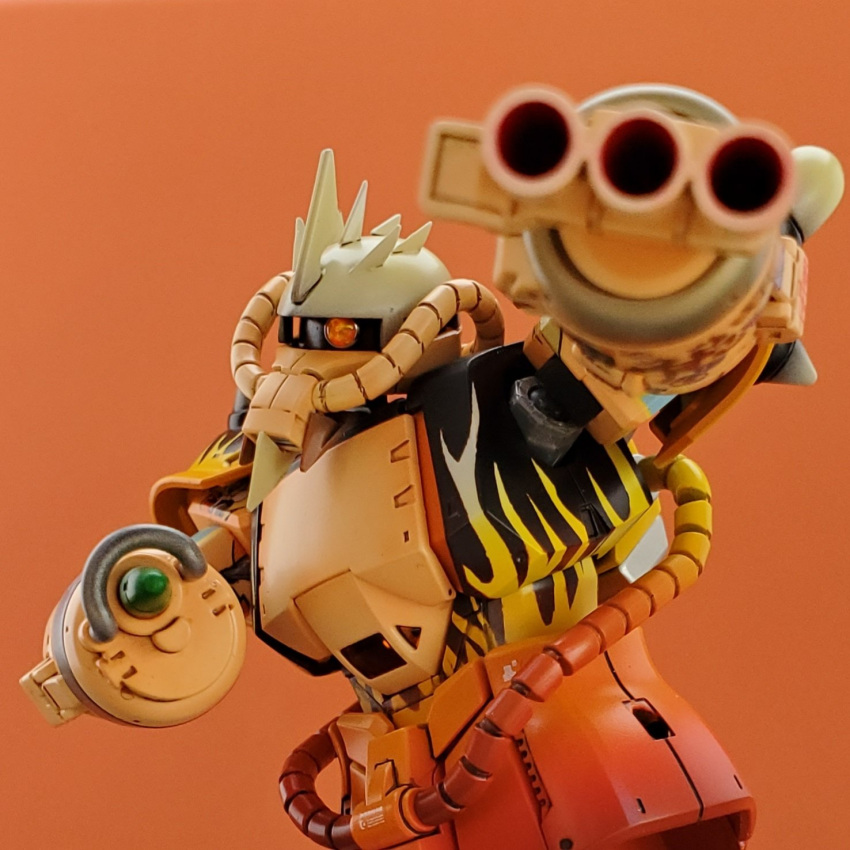 arm_cannon, cable, dumbpla, english_commentary, flame_print, fusion, gouf, gundam