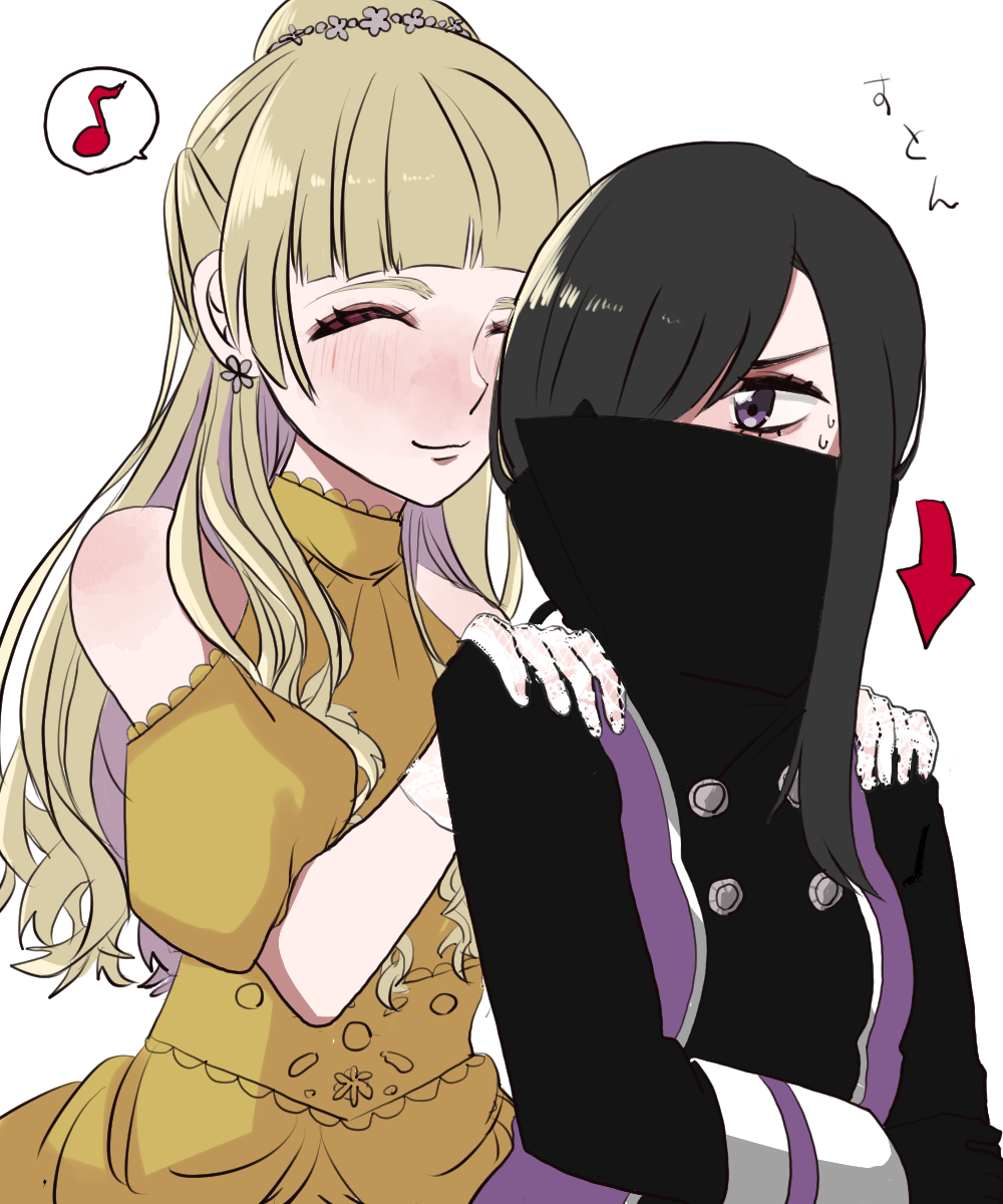 2girls, alluring, black_hair, blonde_hair, cloak_covering_mouth, highres, kanisuka_rita, momohana, multiple_girls, ohsama_sentai_king-ohger, princesses, ran_himeno, super_sentai, violet_eyes