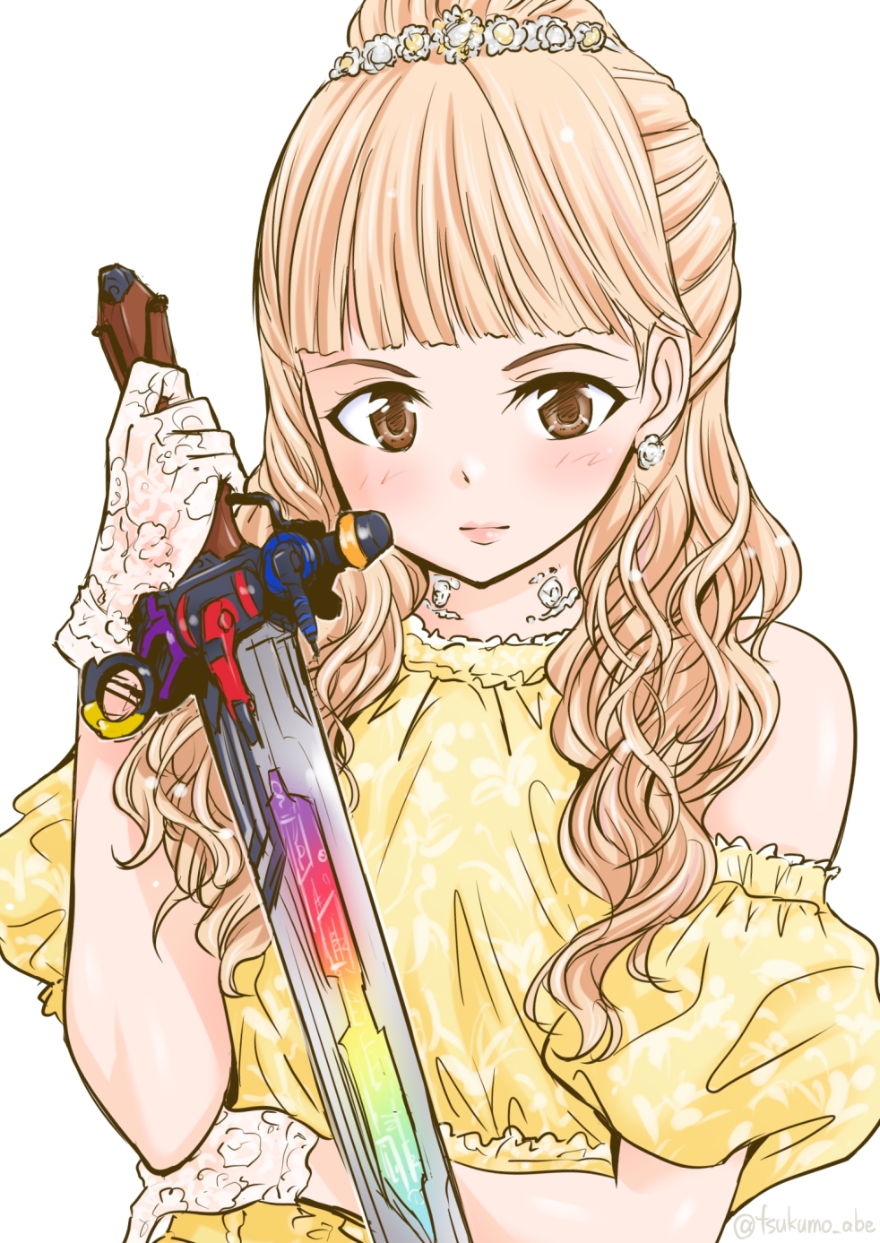 1girl, abe_tsukumo, alluring, blonde_hair, dress, himeno_ran, ohsama_sentai_king-ohger, princess, solo, super_sentai, yellow_eyes