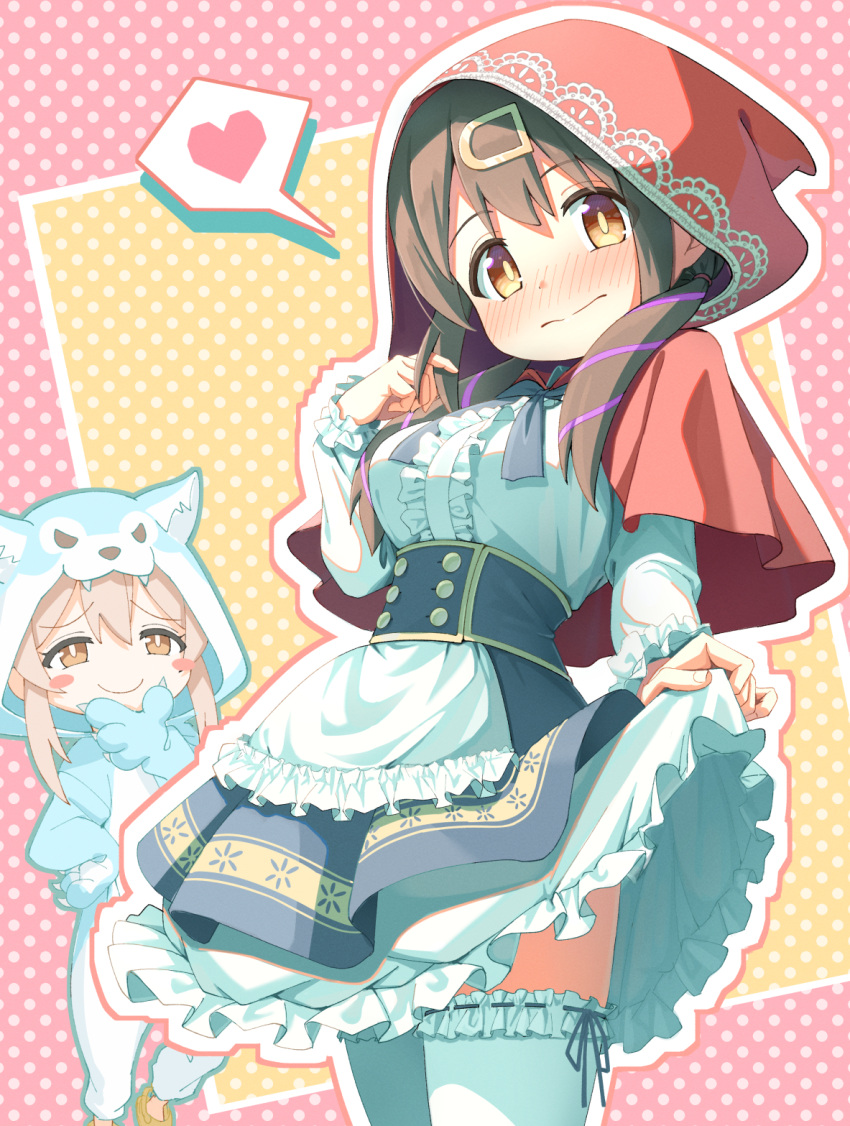 2girls, animal_costume, bangs, black_hair, blush, blush_stickers, breasts, brown_eyes