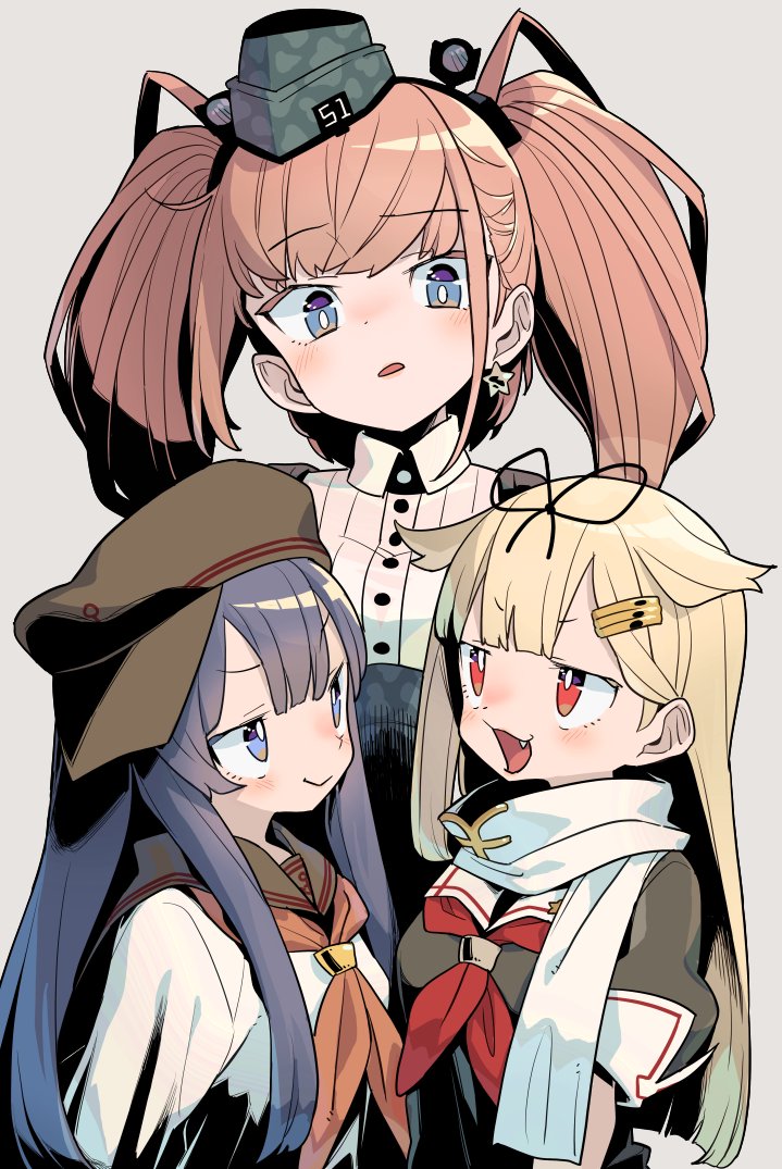3girls, akatsuki_(kancolle), akatsuki_kai_ni_(kancolle), anchor_symbol, atlanta_(kancolle), black_headwear, black_ribbon, black_sailor_collar