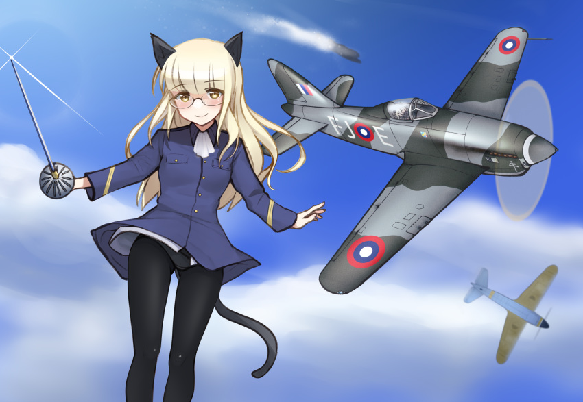 1girl, absurdres, aircraft, airplane, animal_ears, black_pantyhose, blonde_hair, blush