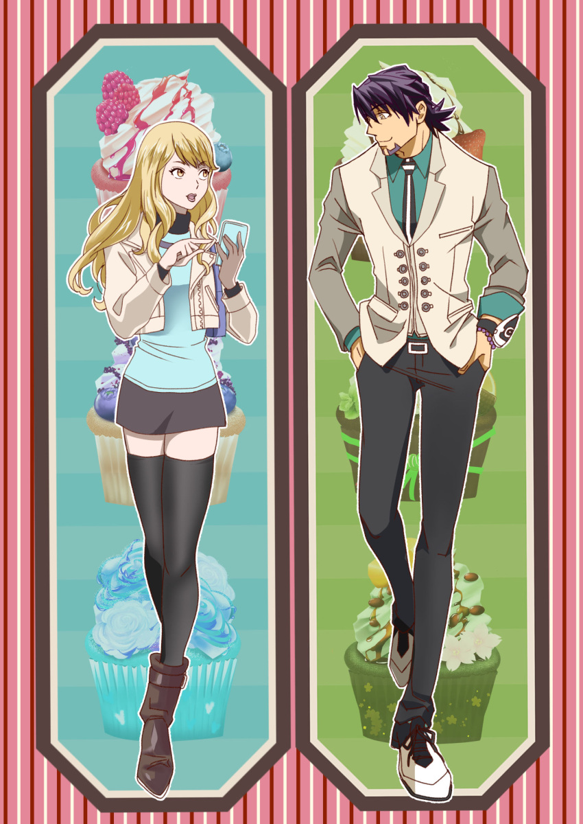 1boy, 1girl, aqua_shirt, bangs, black_pants, blonde_hair, blue_shirt, brown_eyes