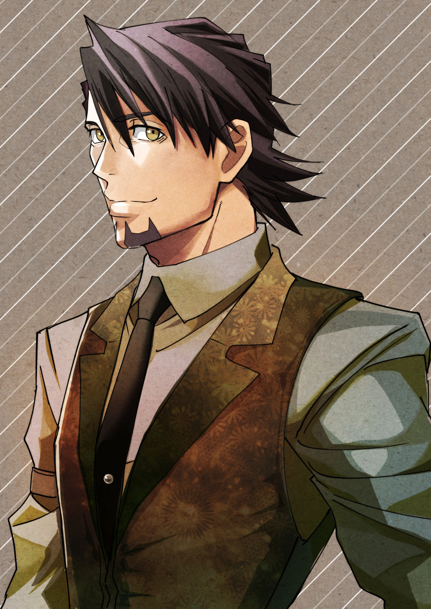 1boy, absurdres, bangs, beard, black_necktie, brown_hair, brown_vest, closed_mouth