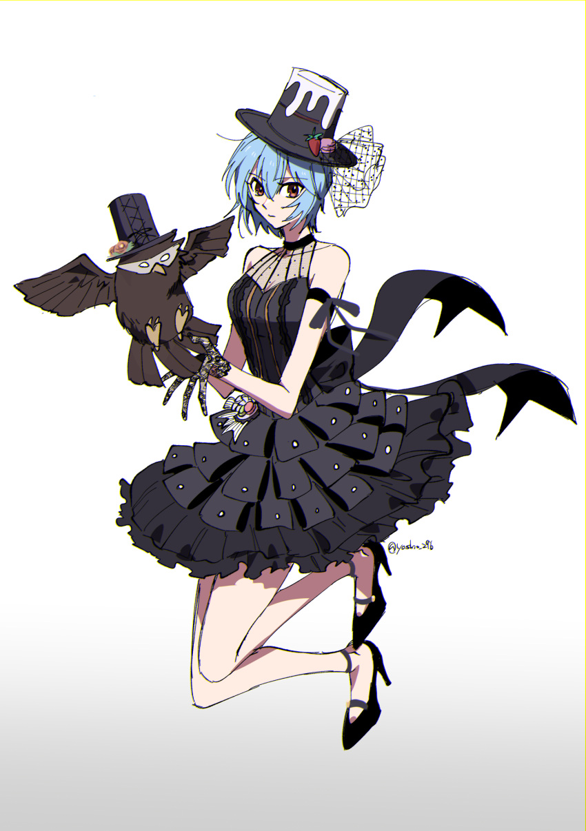 1girl, arm_ribbon, ayanami_rei, bangs, bare_legs, bird, black_dress, black_footwear