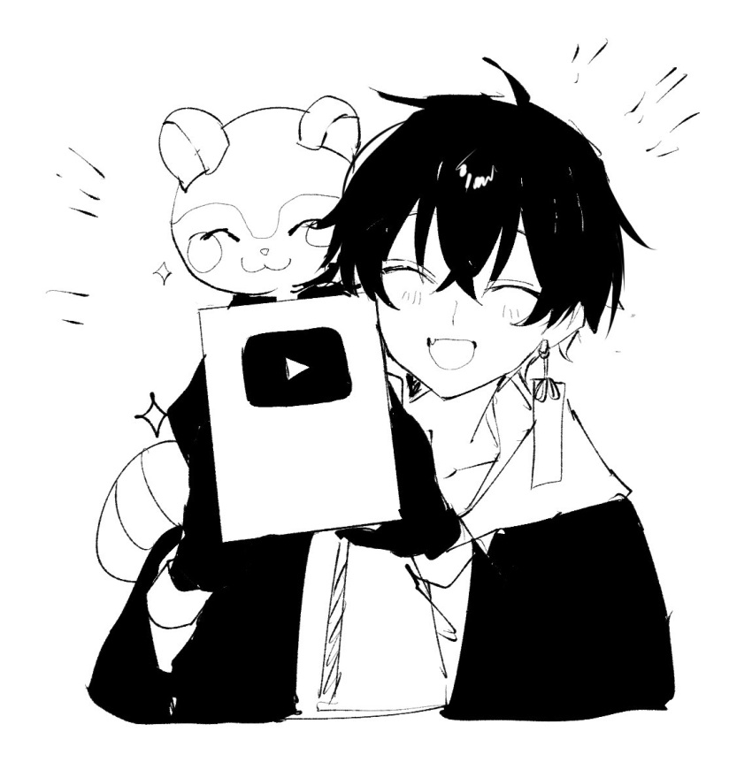 1boy, :d, ^_^, animal_on_shoulder, bangs, closed_eyes, cropped_torso, crossed_bangs
