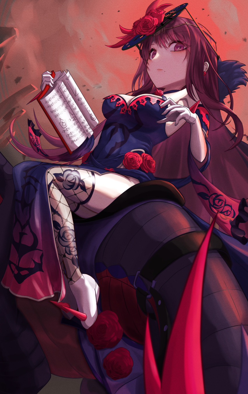 1girl, book, breasts, dragon, dress, fascinator, fire_emblem, fire_emblem_engage, flower, gloves, highres, holding, holding_book, ivy_(fire_emblem), large_breasts, long_hair, princess, purple_hair, red_flower, red_rose, rose, ru_wan_chi, sitting, violet_eyes, wyvern