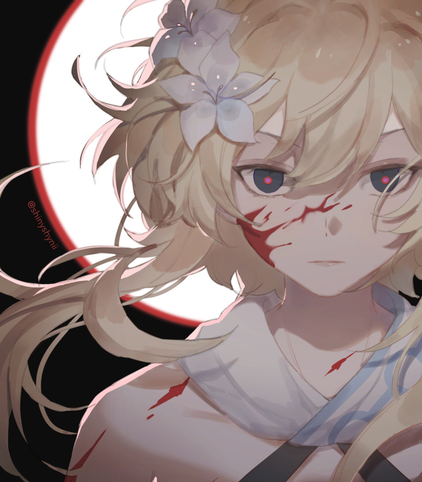1girl, alternate_eye_color, artist_name, bangs, bare_shoulders, black_background, blonde_hair, blood, blood_on_face, closed_mouth, collarbone, dress, english_commentary, flower, genshin_impact, grey_eyes, hair_between_eyes, hair_flower, hair_ornament, highres, lips, looking_at_viewer, lumine_(genshin_impact), moon, pink_pupils, shinyshynii, short_hair, short_hair_with_long_locks, sidelocks, simple_background, solo, upper_body, v-shaped_eyebrows, white_dress, white_flower