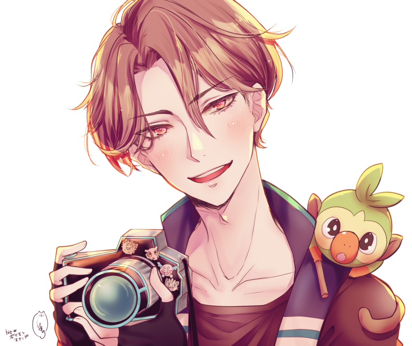 1boy, :d, alolan_meowth, animal_on_shoulder, black_gloves, blush, brown_hair, camera