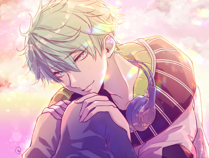 1boy, blue_eyes, copyright_request, green_hair, hair_between_eyes, headphones, headphones_around_neck, highres, knees_up, looking_at_viewer, male_focus, nekominaminoriya, sitting, solo