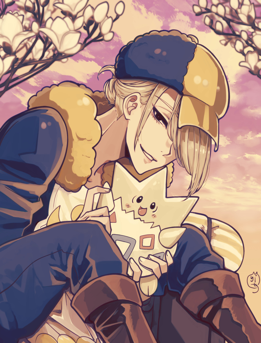 1boy, absurdres, blonde_hair, brown_footwear, day, flower, fur_trim, hair_over_one_eye, hat, highres, male_focus, nekominaminoriya, outdoors, pokemon, pokemon_(creature), pokemon_(game), pokemon_legends:_arceus, short_hair, sitting, smile, togepi, volo_(pokemon)