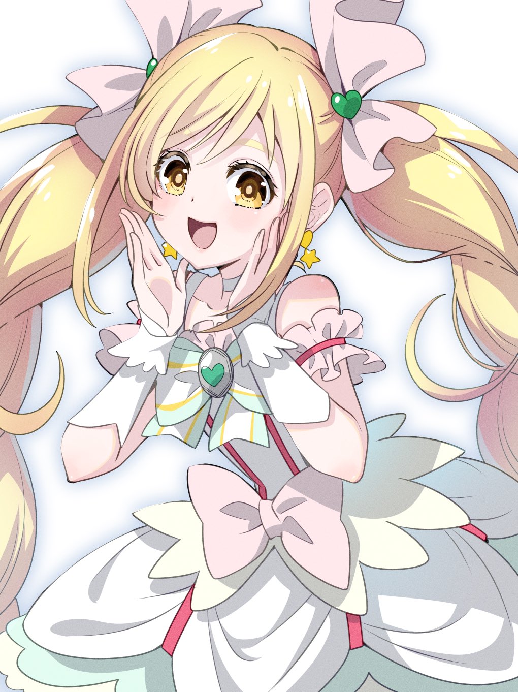 1girl, bangs, blonde_hair, bow, choker, commentary_request, cure_echo, dress, earrings, highres, jewelry, long_hair, magical_girl, osarutukamaeru, pink_bow, precure, precure_all_stars, sakagami_ayumi, solo, star_(symbol), star_earrings, swept_bangs, twintails, white_choker, white_dress, yellow_eyes