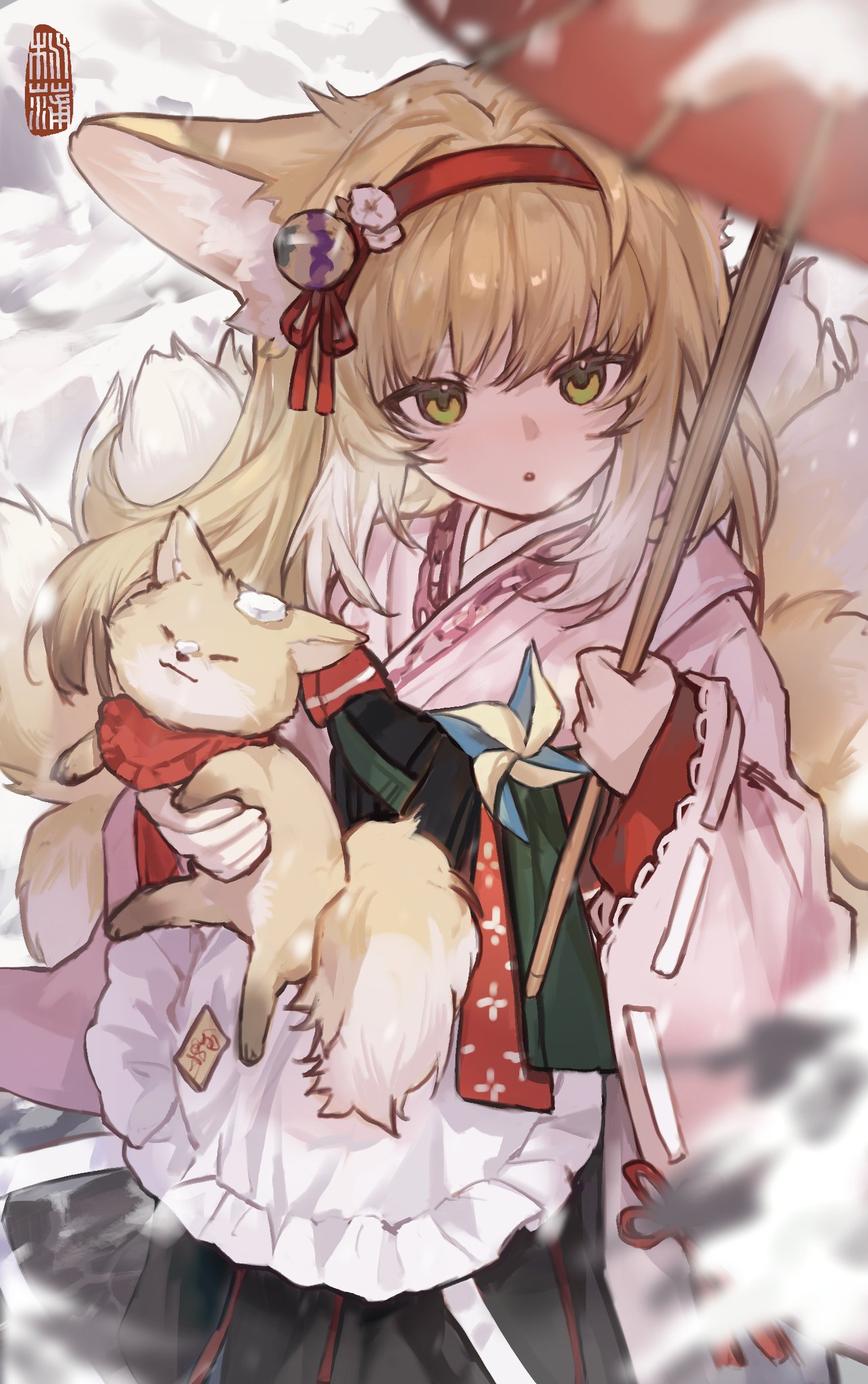 1girl, animal, animal_ear_fluff, animal_ears, arknights, bell, blonde_hair, fox