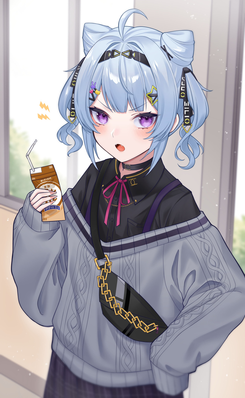 1girl, absurdres, aran_sweater, bangs, black_collar, black_shirt, black_skirt, blue_hair